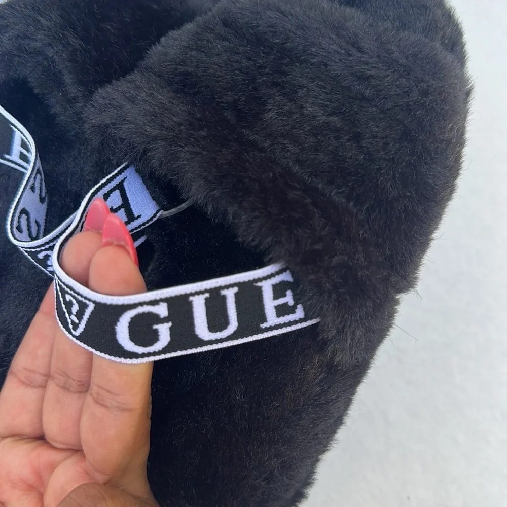 New GUESS Liddie Faux-Fur Black Slippers
